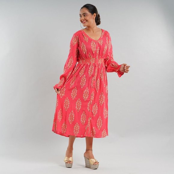 Coral or Navy Button Front Midi Dress with Smocking Dress - Picture 4 of 9